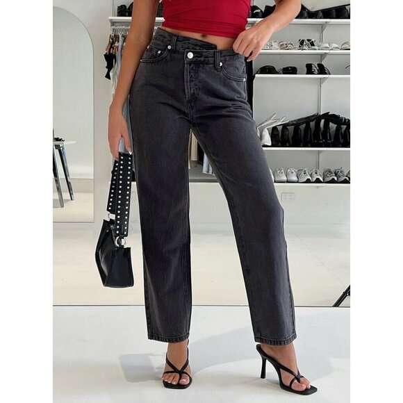 Princess Polly Crossover Asymmetric Straight Leg Button Fly Dark Size 8 - Picture 1 of 9